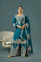 Teeya Creation Teal Colour Chinnon Silk Heavy Embroidery Work Fully Stitched Palazzo Pair - Distacart