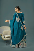 Teeya Creation Teal Colour Chinnon Silk Heavy Embroidery Work Fully Stitched Palazzo Pair - Distacart