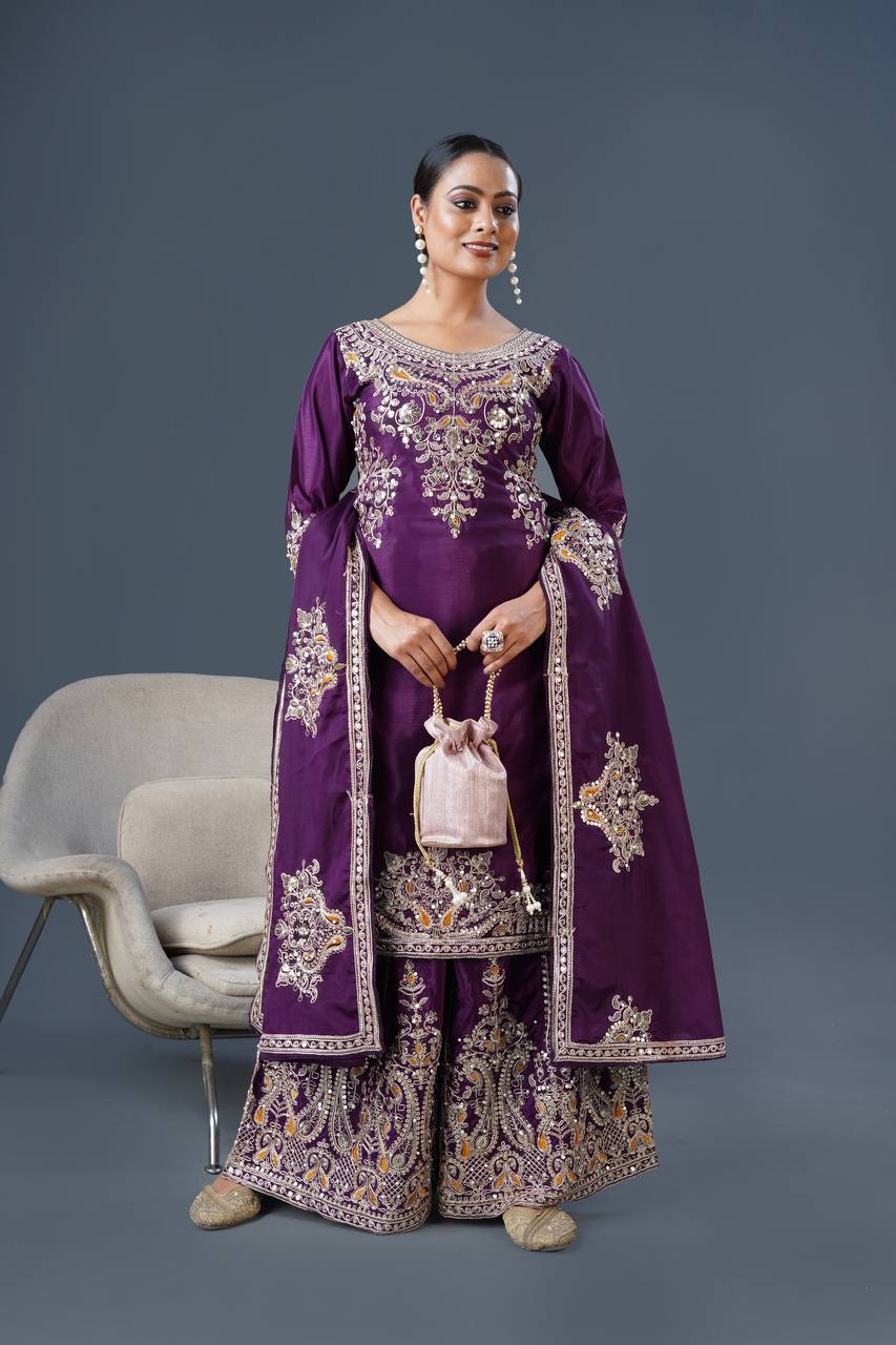 Teeya Creation White Colour Chinnon Silk Heavy Embroidery Work Fully Stitched Palazzo Pair - Distacart