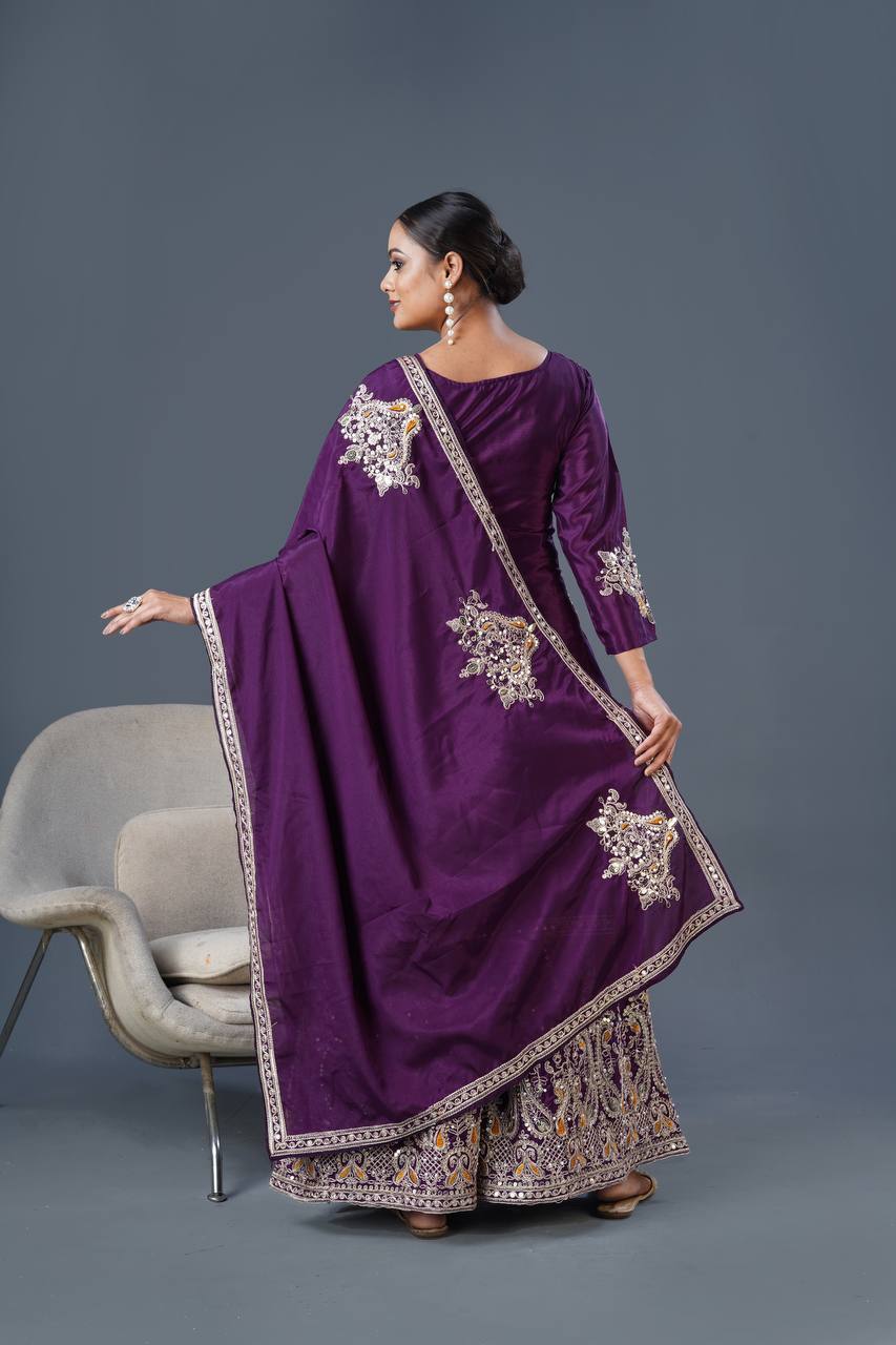 Teeya Creation White Colour Chinnon Silk Heavy Embroidery Work Fully Stitched Palazzo Pair - Distacart