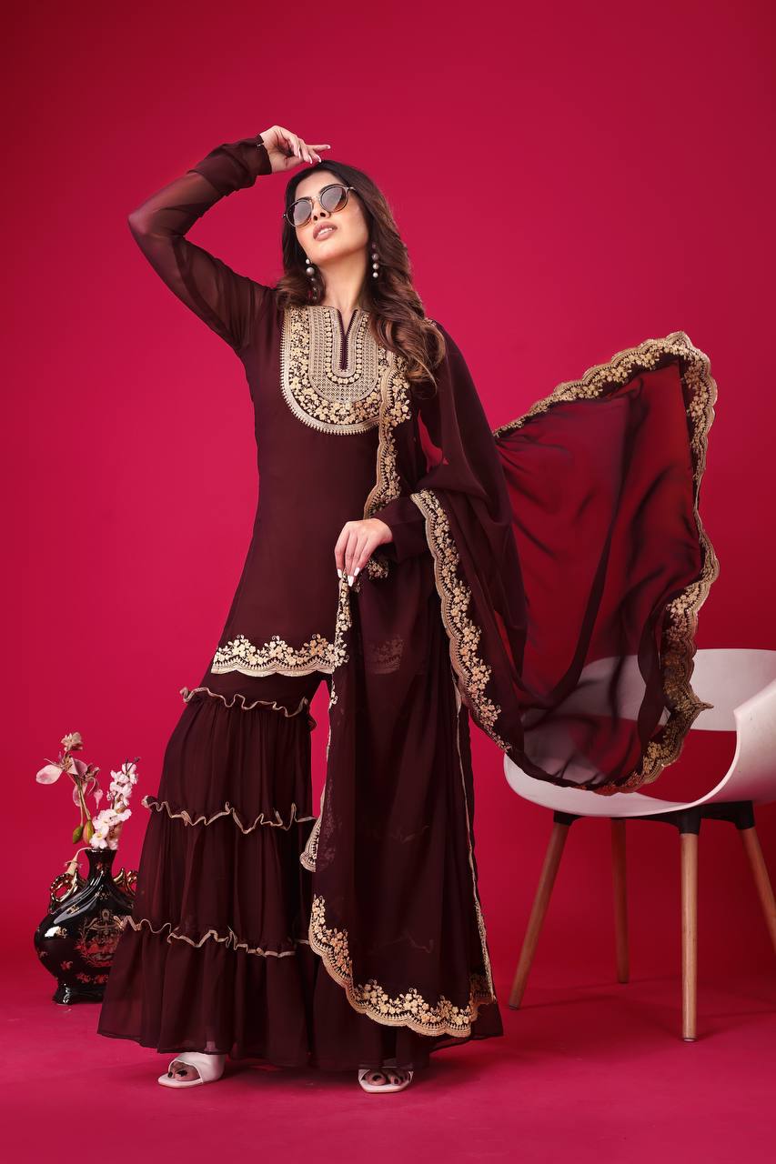 Teeya Creation Maroon Colour Faux Georgette Heavy Embroidery Work Fully Stitched Palazzo pair - Distacart