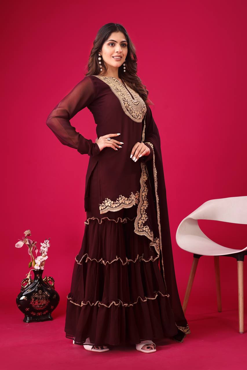 Teeya Creation Maroon Colour Faux Georgette Heavy Embroidery Work Fully Stitched Palazzo pair - Distacart