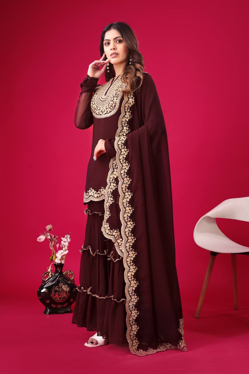 Teeya Creation Maroon Colour Faux Georgette Heavy Embroidery Work Fully Stitched Palazzo pair - Distacart