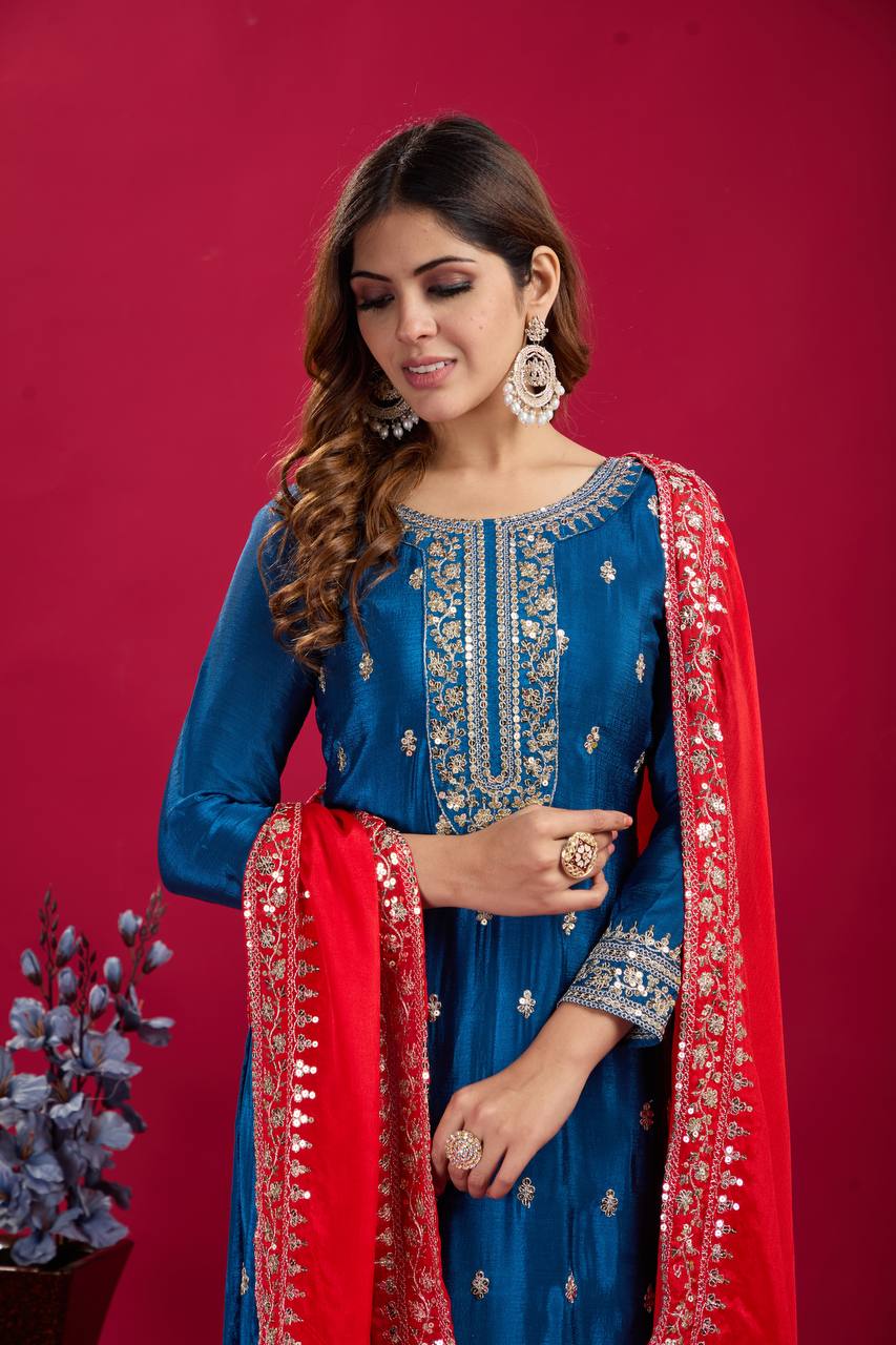Teeya Creation Blue Colour Chinon Silk Heavy Embroidery Work Fully Stitched Salwar Suit - Distacart