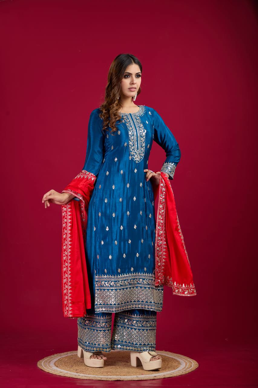 Teeya Creation Blue Colour Chinon Silk Heavy Embroidery Work Fully Stitched Salwar Suit - Distacart