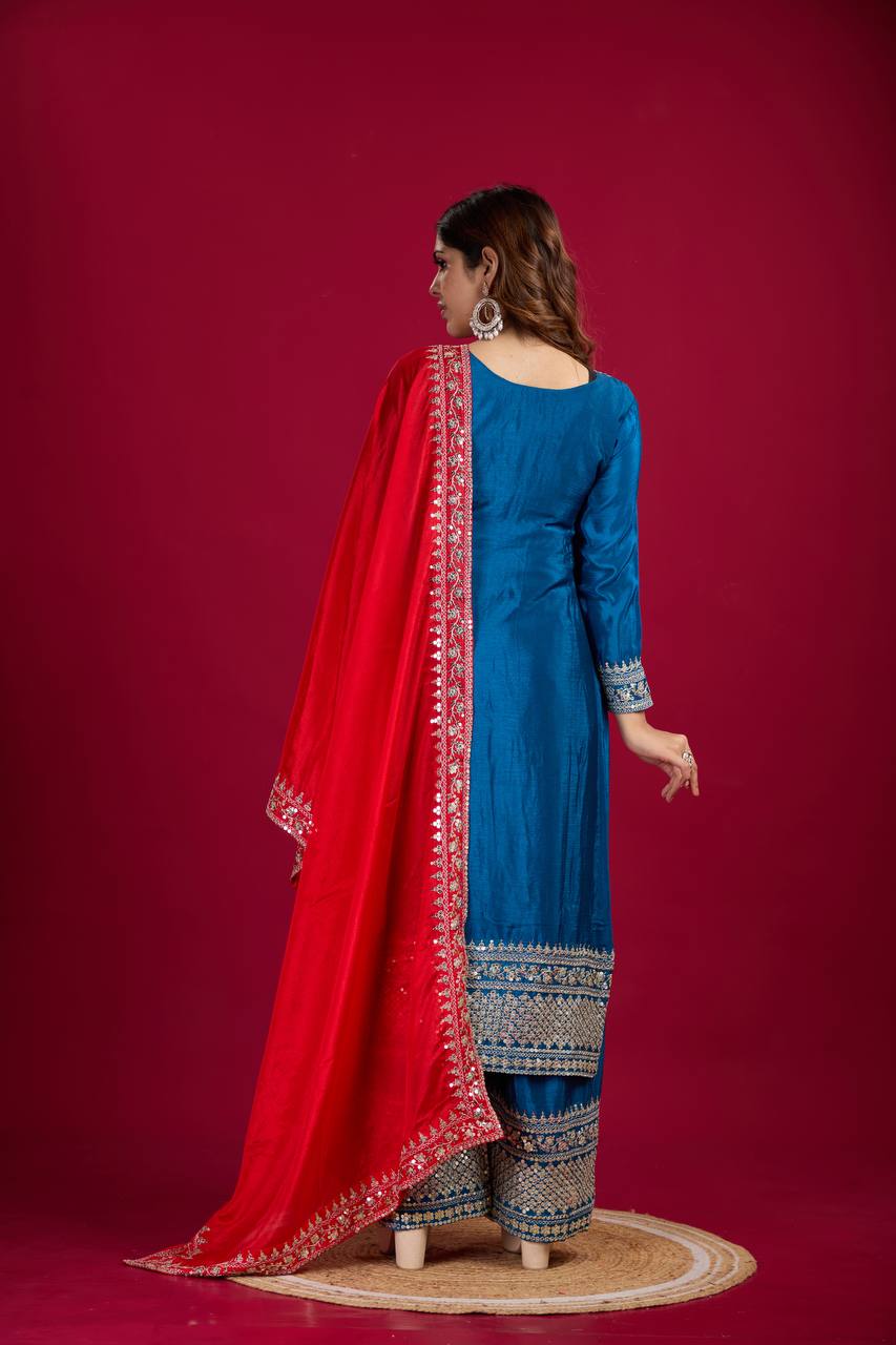 Teeya Creation Blue Colour Chinon Silk Heavy Embroidery Work Fully Stitched Salwar Suit - Distacart