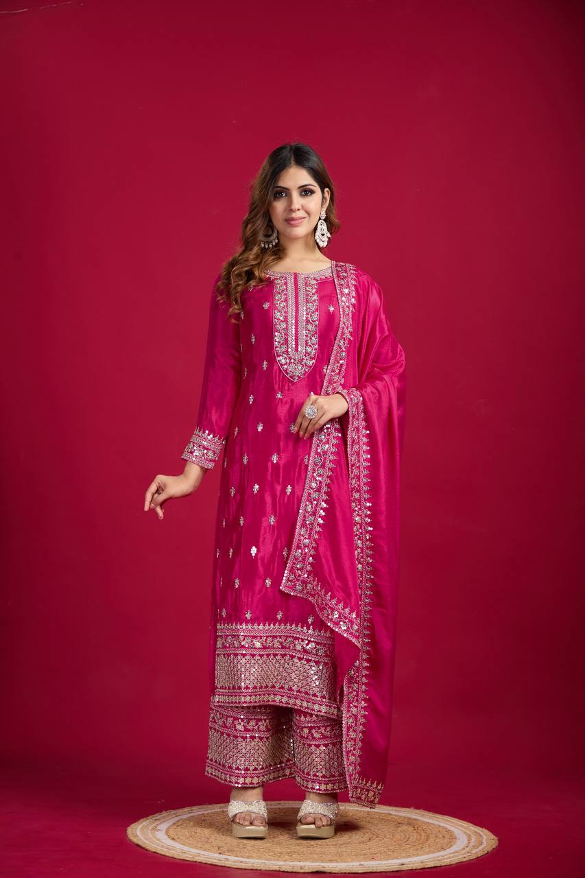 Teeya Creation Pink Colour Chinon Silk Heavy Embroidery Work Fully Stitched Salwar Suit - Distacart