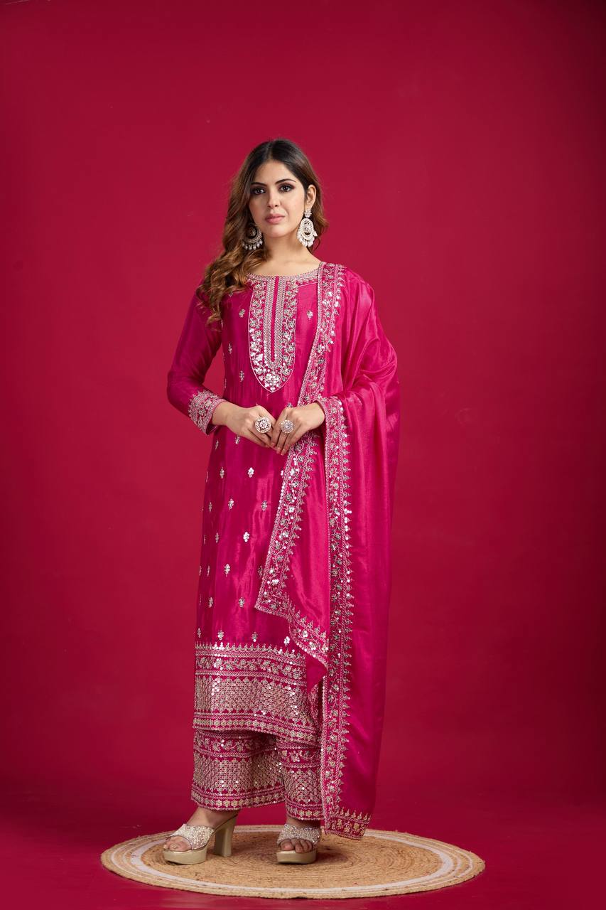Teeya Creation Pink Colour Chinon Silk Heavy Embroidery Work Fully Stitched Salwar Suit - Distacart