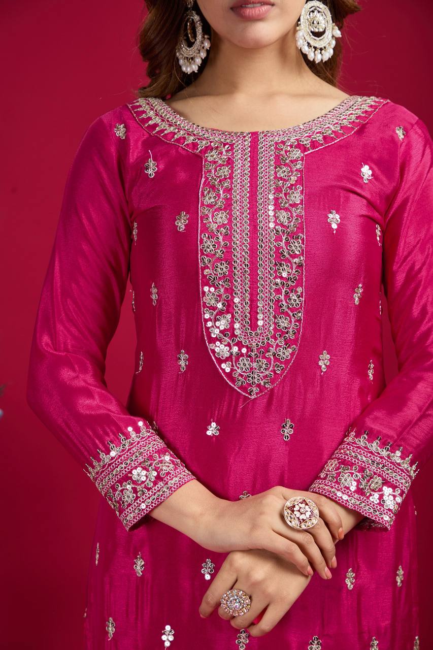 Teeya Creation Pink Colour Chinon Silk Heavy Embroidery Work Fully Stitched Salwar Suit - Distacart