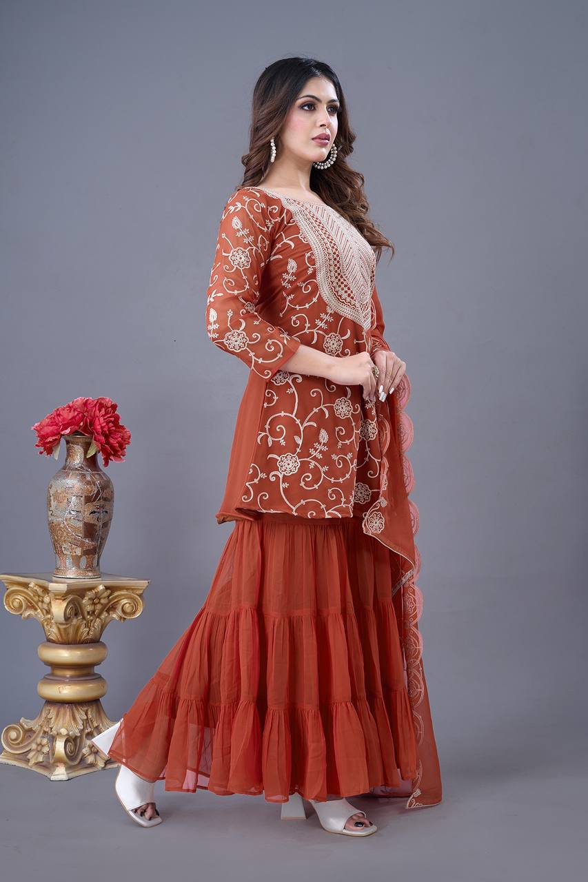 Teeya Creation Fenta Colour Faux Georgette Heavy Embroidery Work Fully Stitched Sharara - Distacart