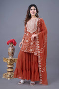 Teeya Creation Fenta Colour Faux Georgette Heavy Embroidery Work Fully Stitched Sharara - Distacart