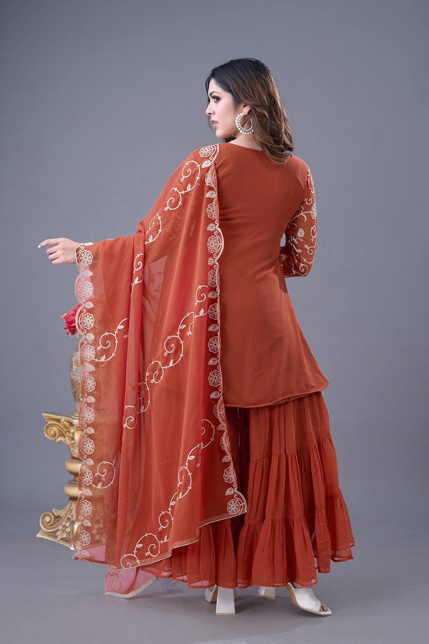 Teeya Creation Fenta Colour Faux Georgette Heavy Embroidery Work Fully Stitched Sharara - Distacart