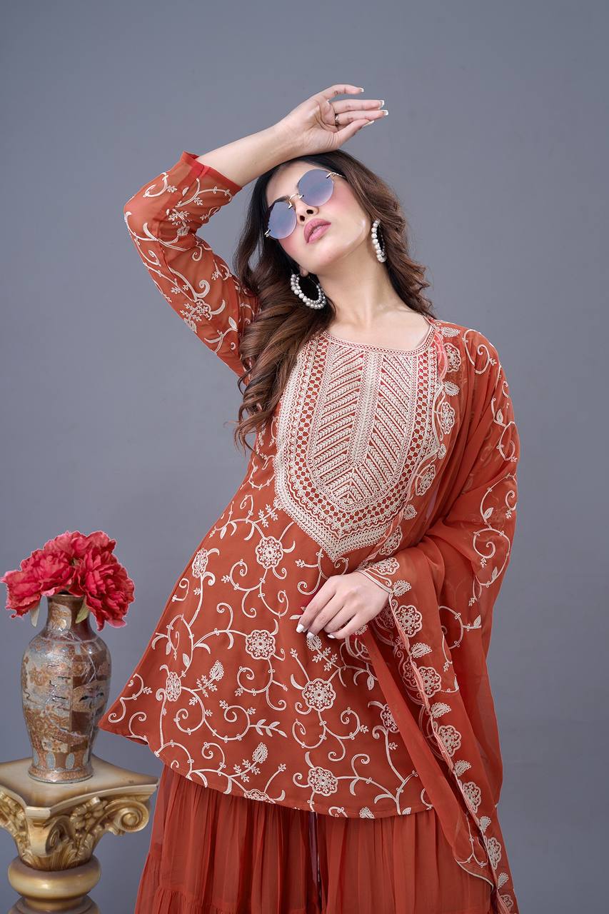 Teeya Creation Fenta Colour Faux Georgette Heavy Embroidery Work Fully Stitched Sharara - Distacart