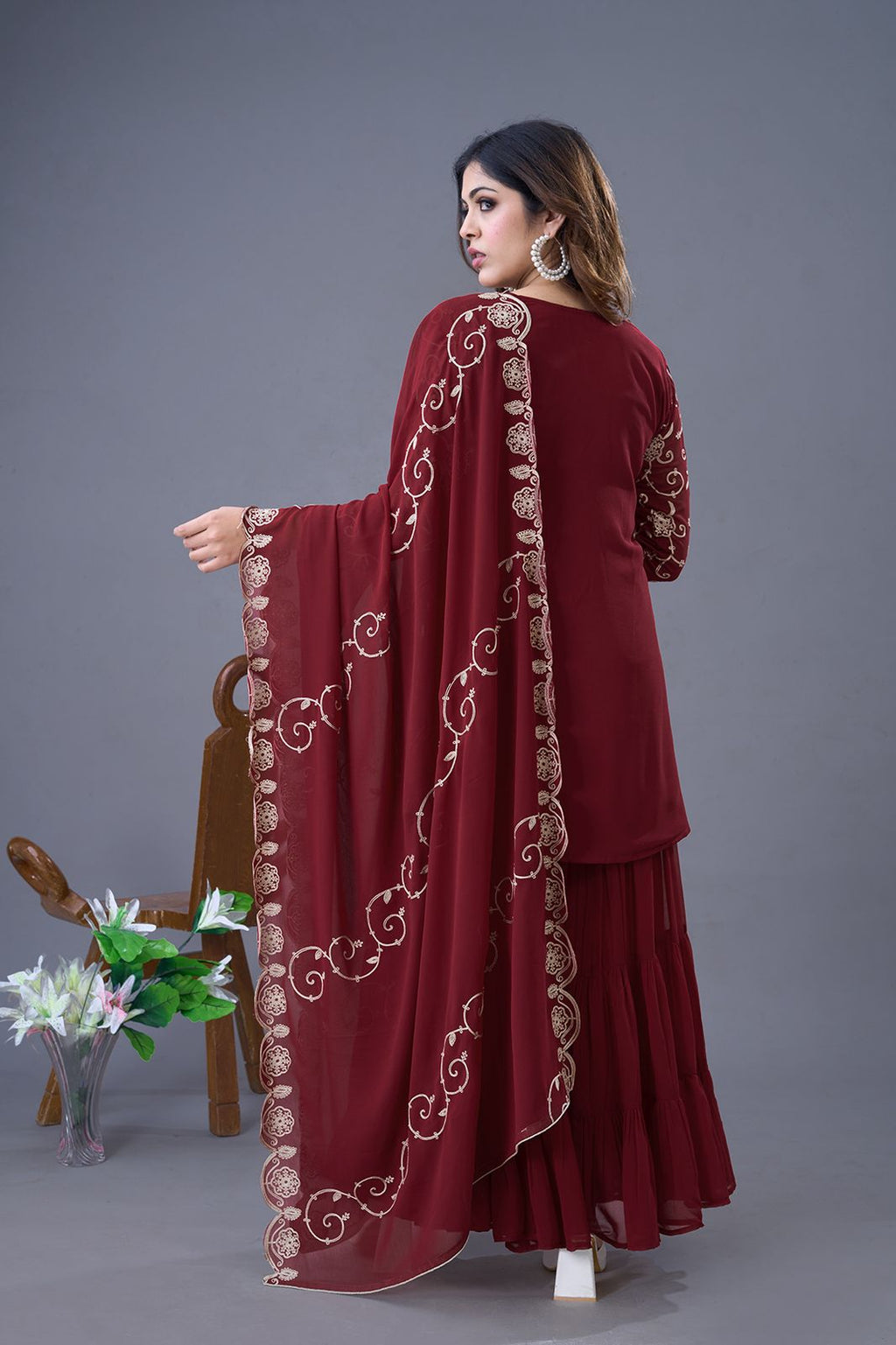 Teeya Creation Maroon Colour Faux Georgette Heavy Embroidery Work Fully Stitched Sharara - Distacart
