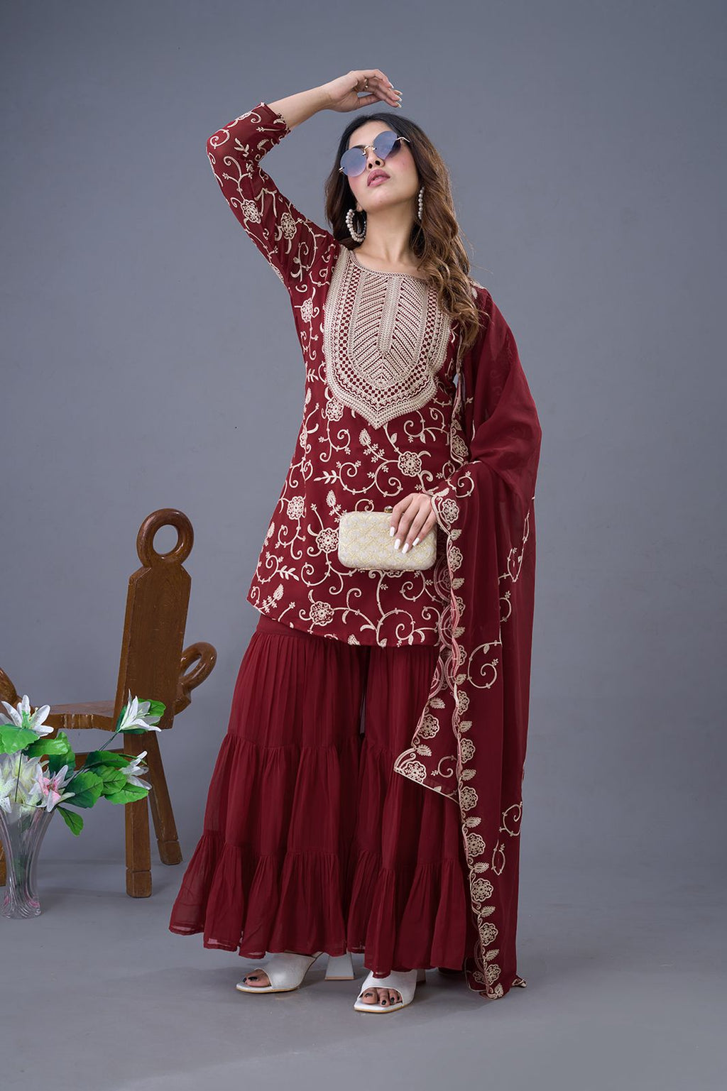 Teeya Creation Maroon Colour Faux Georgette Heavy Embroidery Work Fully Stitched Sharara - Distacart