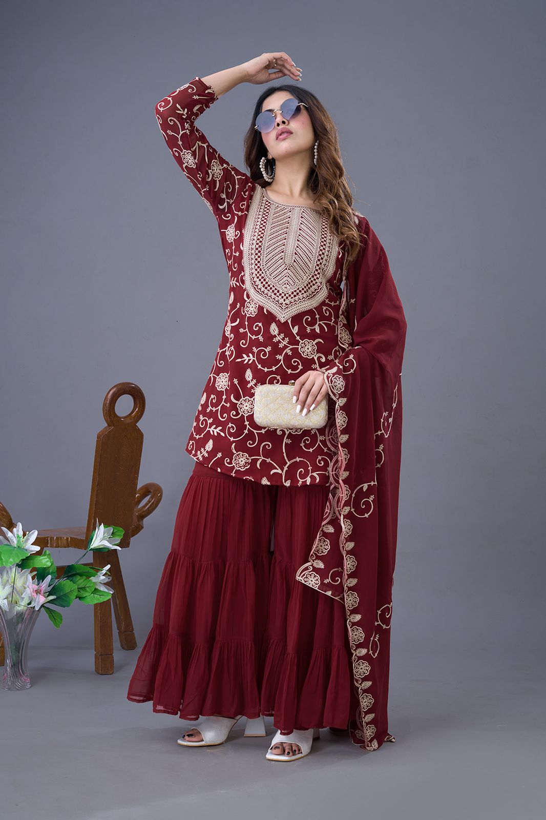 Teeya Creation Maroon Colour Faux Georgette Heavy Embroidery Work Fully Stitched Sharara - Distacart