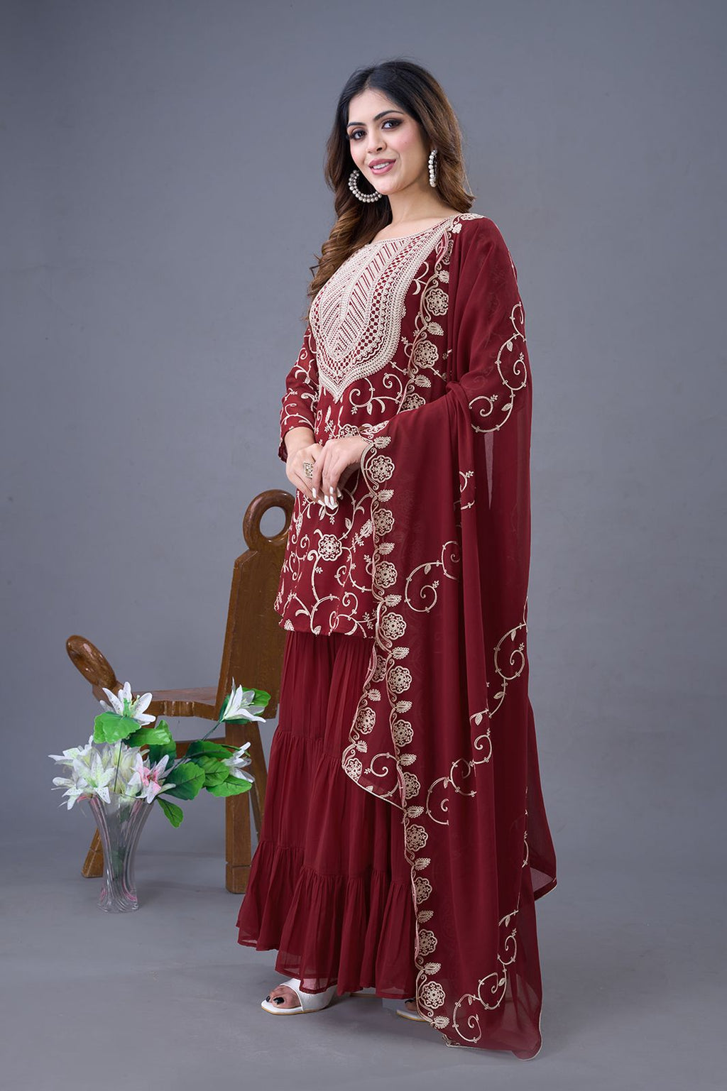 Teeya Creation Maroon Colour Faux Georgette Heavy Embroidery Work Fully Stitched Sharara - Distacart