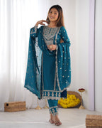 Teeya Creation Teal Colour Chinon Silk Heavy Embroidery Work Fully Stitched Salwar Suit - Distacart