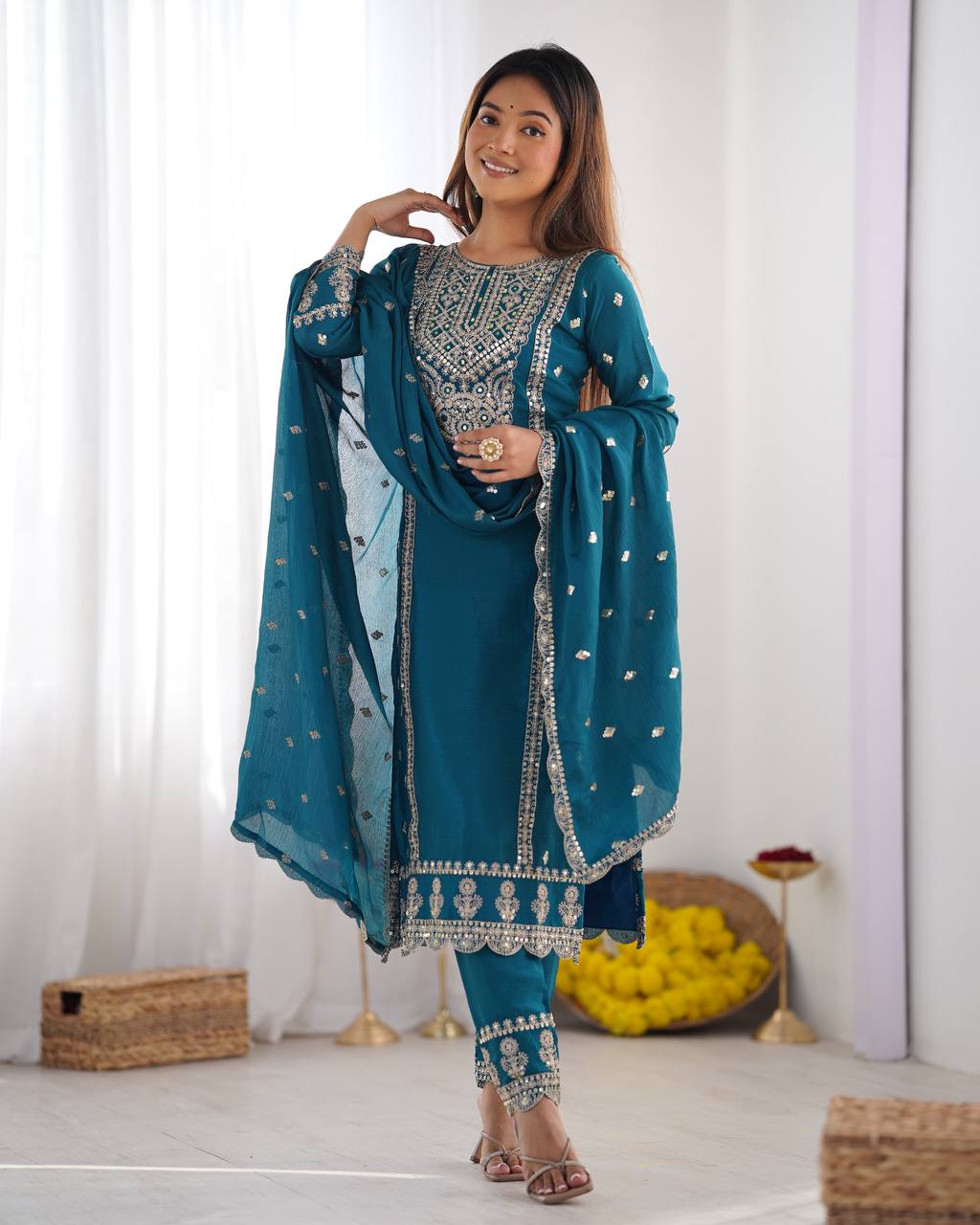 Teeya Creation Teal Colour Chinon Silk Heavy Embroidery Work Fully Stitched Salwar Suit - Distacart