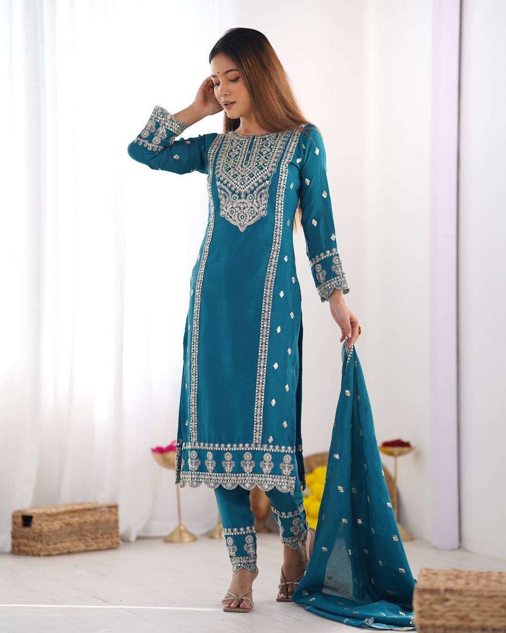 Teeya Creation Teal Colour Chinon Silk Heavy Embroidery Work Fully Stitched Salwar Suit - Distacart