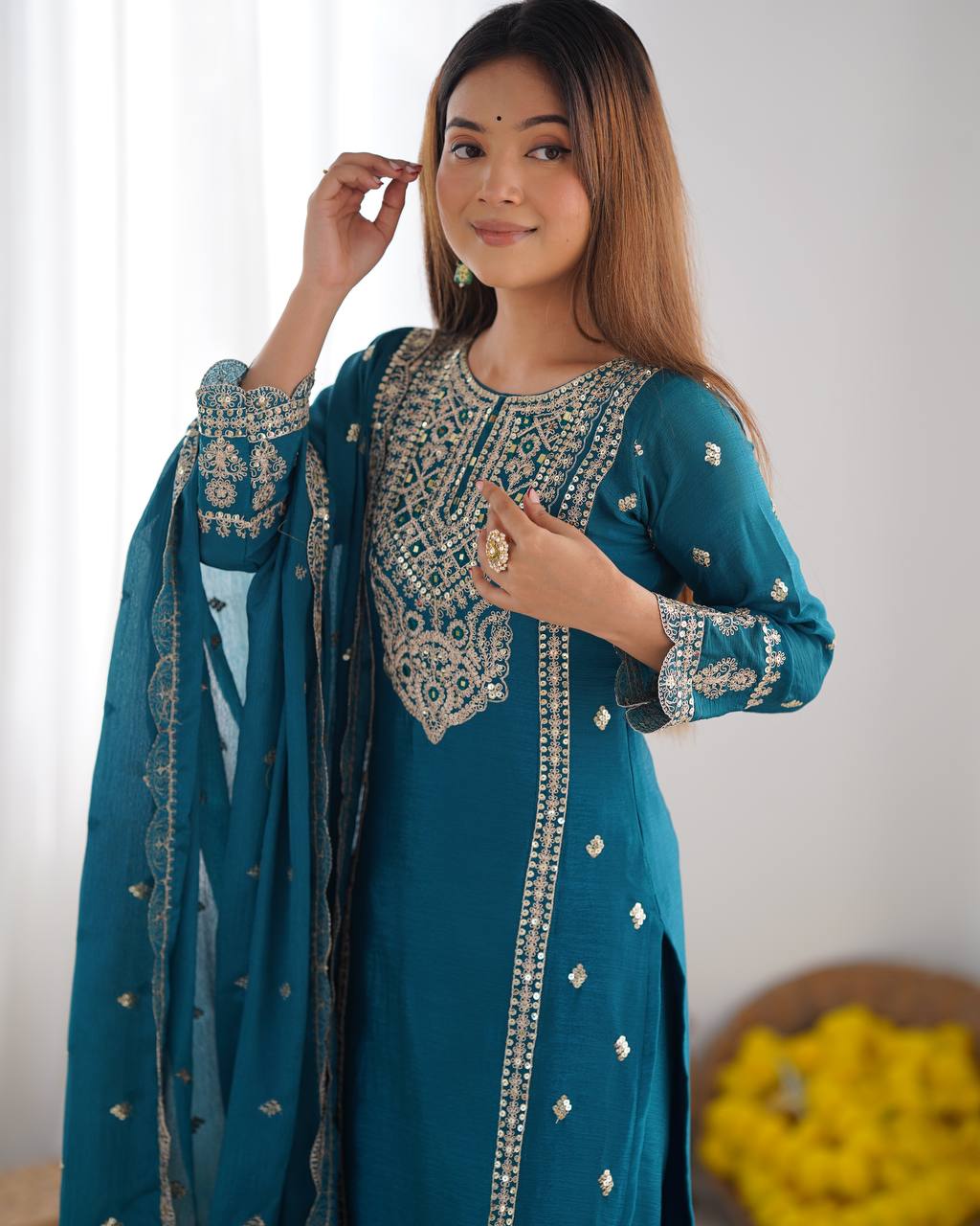 Teeya Creation Teal Colour Chinon Silk Heavy Embroidery Work Fully Stitched Salwar Suit - Distacart