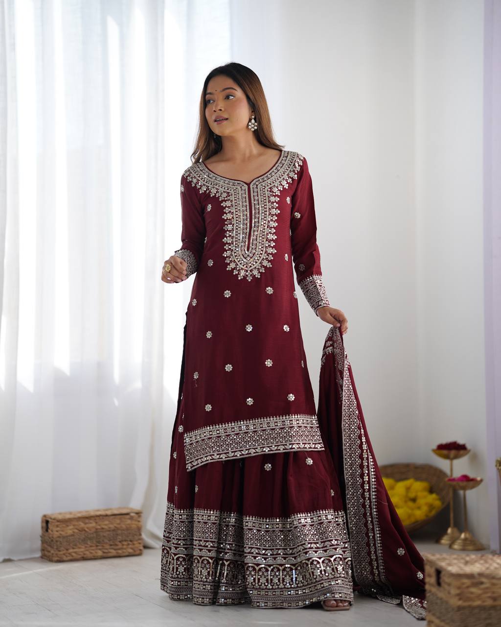 Teeya Creation Maroon Colour Chinon Silk Heavy Embroidery Work Fully Stitched Salwar Suit