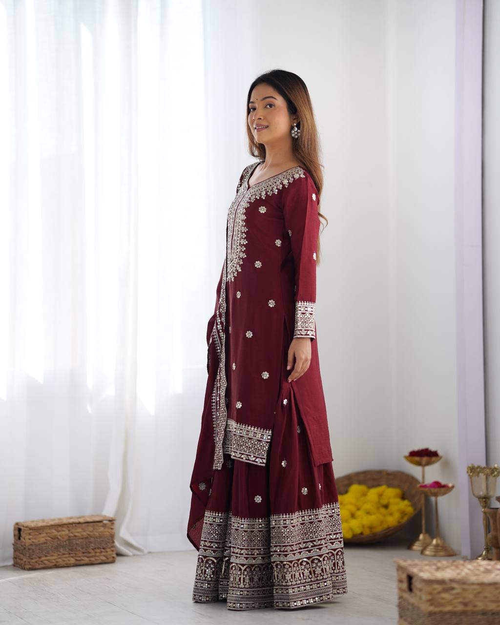 Teeya Creation Maroon Colour Chinon Silk Heavy Embroidery Work Fully Stitched Salwar Suit