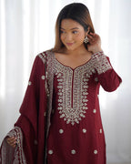 Teeya Creation Maroon Colour Chinon Silk Heavy Embroidery Work Fully Stitched Salwar Suit