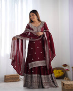 Teeya Creation Maroon Colour Chinon Silk Heavy Embroidery Work Fully Stitched Salwar Suit