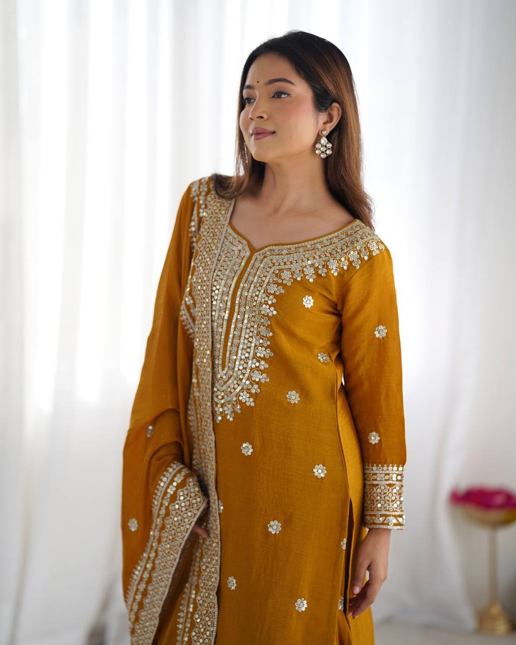 Teeya Creation Mustard Colour Chinon Silk Heavy Embroidery Work Fully Stitched Salwar Suit