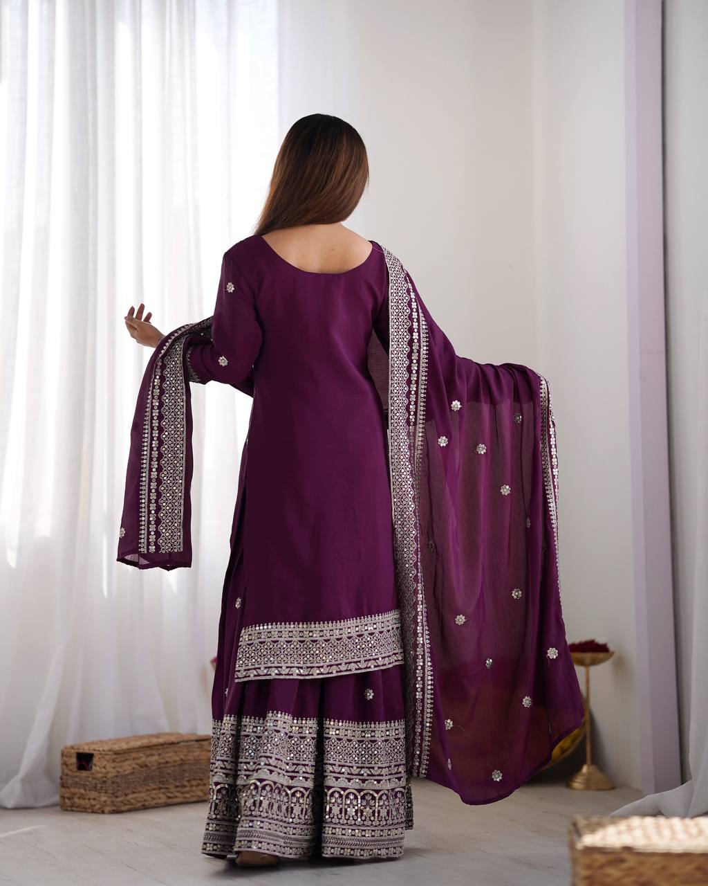 Teeya Creation Wine Colour Chinon Silk Heavy Embroidery Work Fully Stitched Salwar Suit