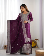 Teeya Creation Wine Colour Chinon Silk Heavy Embroidery Work Fully Stitched Salwar Suit
