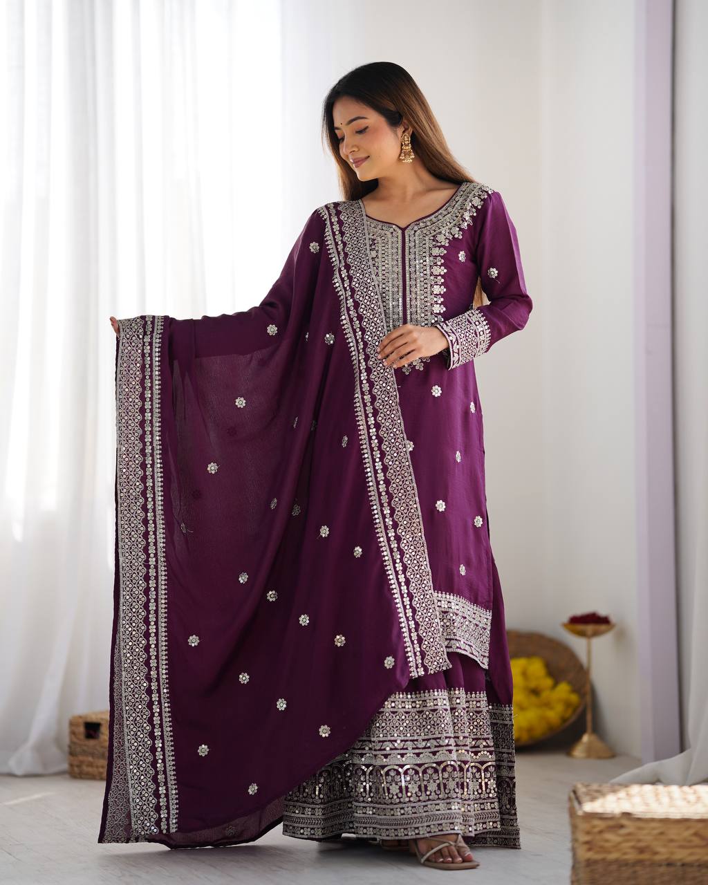 Teeya Creation Wine Colour Chinon Silk Heavy Embroidery Work Fully Stitched Salwar Suit