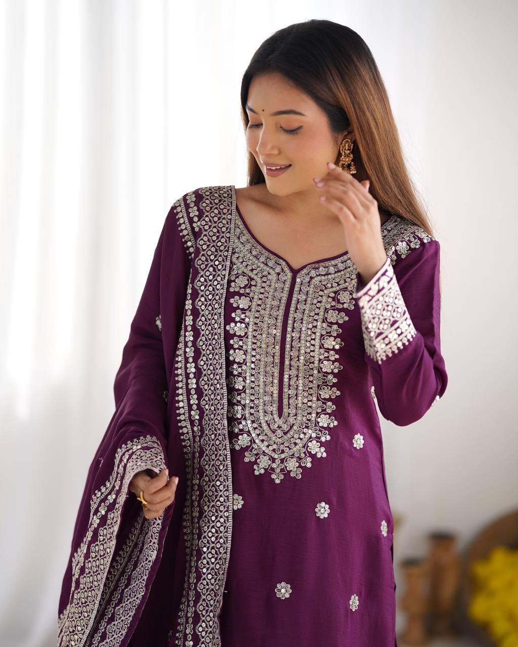 Teeya Creation Wine Colour Chinon Silk Heavy Embroidery Work Fully Stitched Salwar Suit
