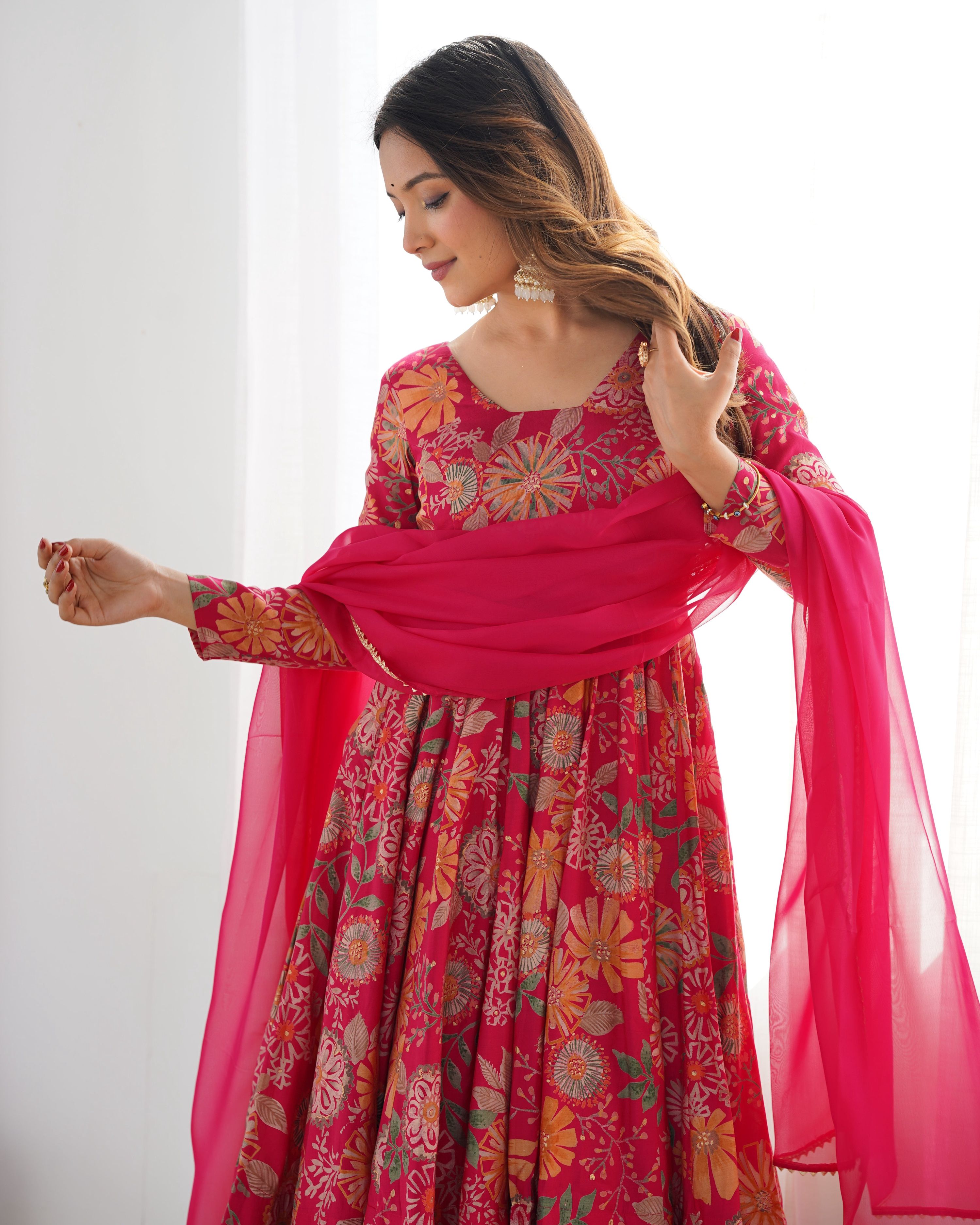 Teeya Creation Pink Color Roman Silk Kediya Style Fully Stitched Printed Kediya