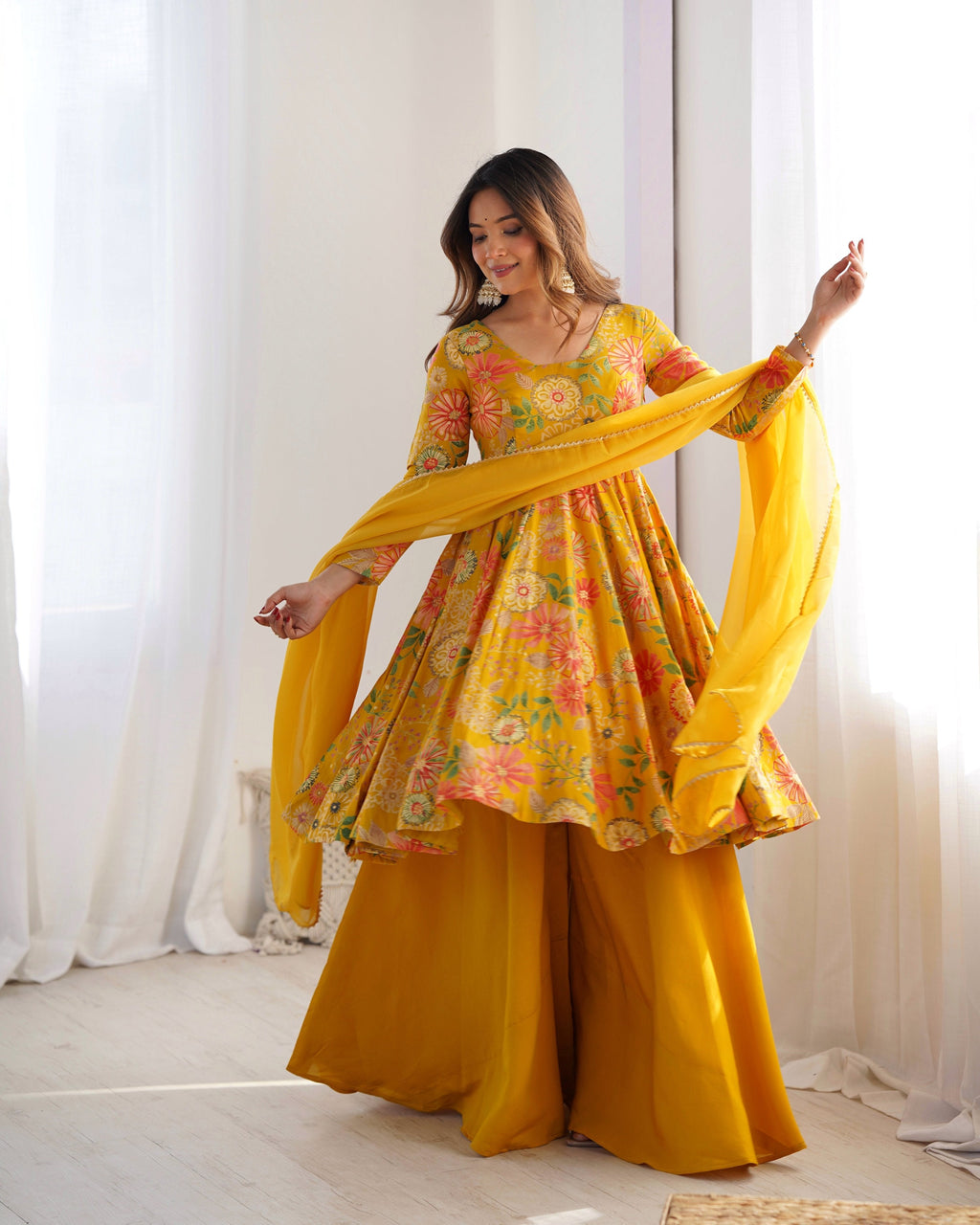 Teeya Creation Yellow Color Faux Georgette Kediya Style Fully Stitched Printed Kediya