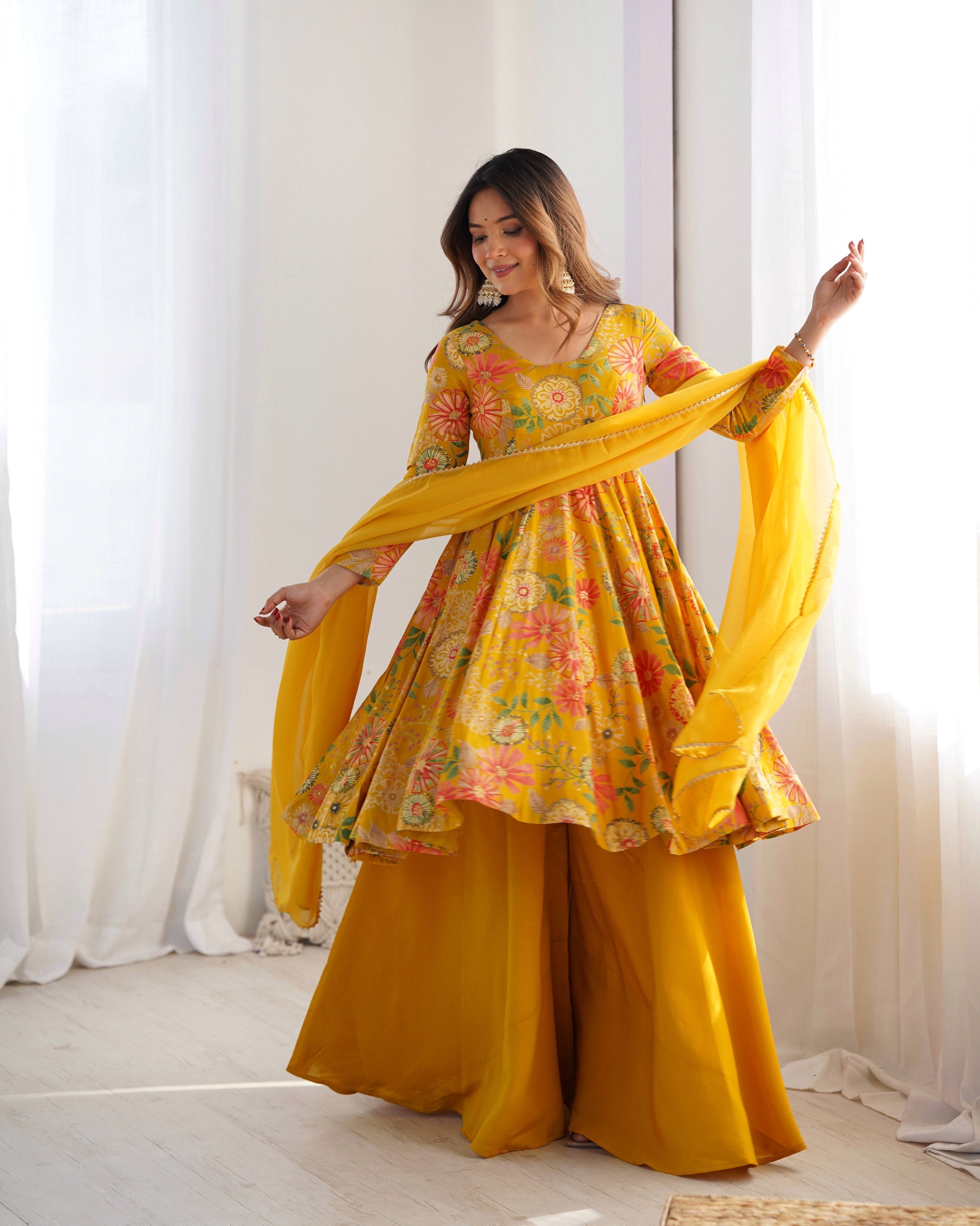 Teeya Creation Yellow Color Faux Georgette Kediya Style Fully Stitched Printed Kediya