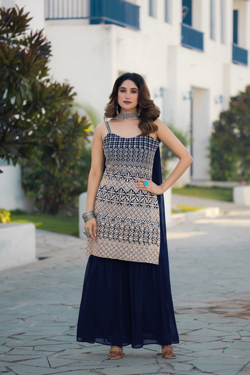 Teeya Creation Navy Blue Color Georgette Heavy Embroidery Work Pakistani Style Fully Stitched Salwar Suit