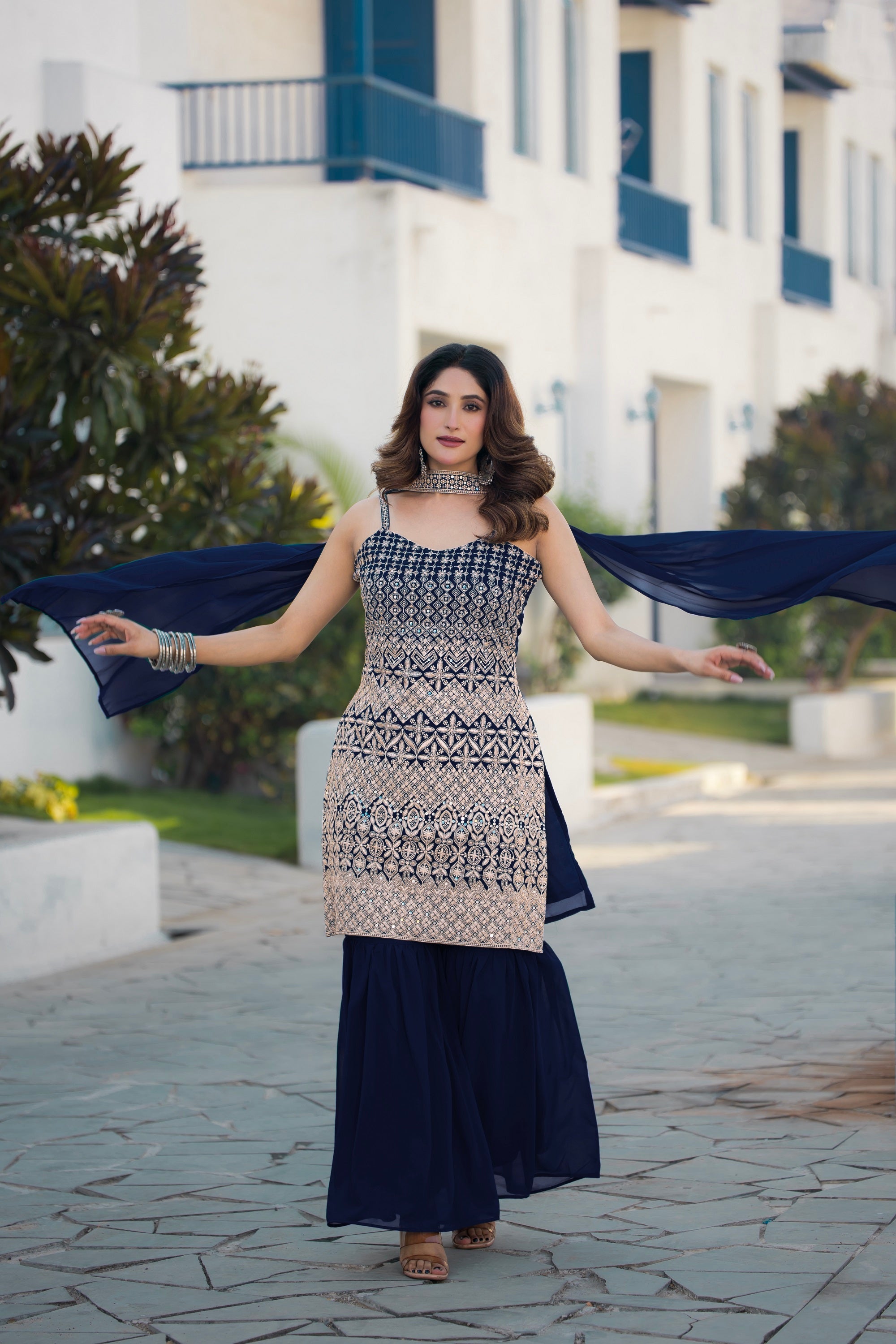 Teeya Creation Navy Blue Color Georgette Heavy Embroidery Work Pakistani Style Fully Stitched Salwar Suit