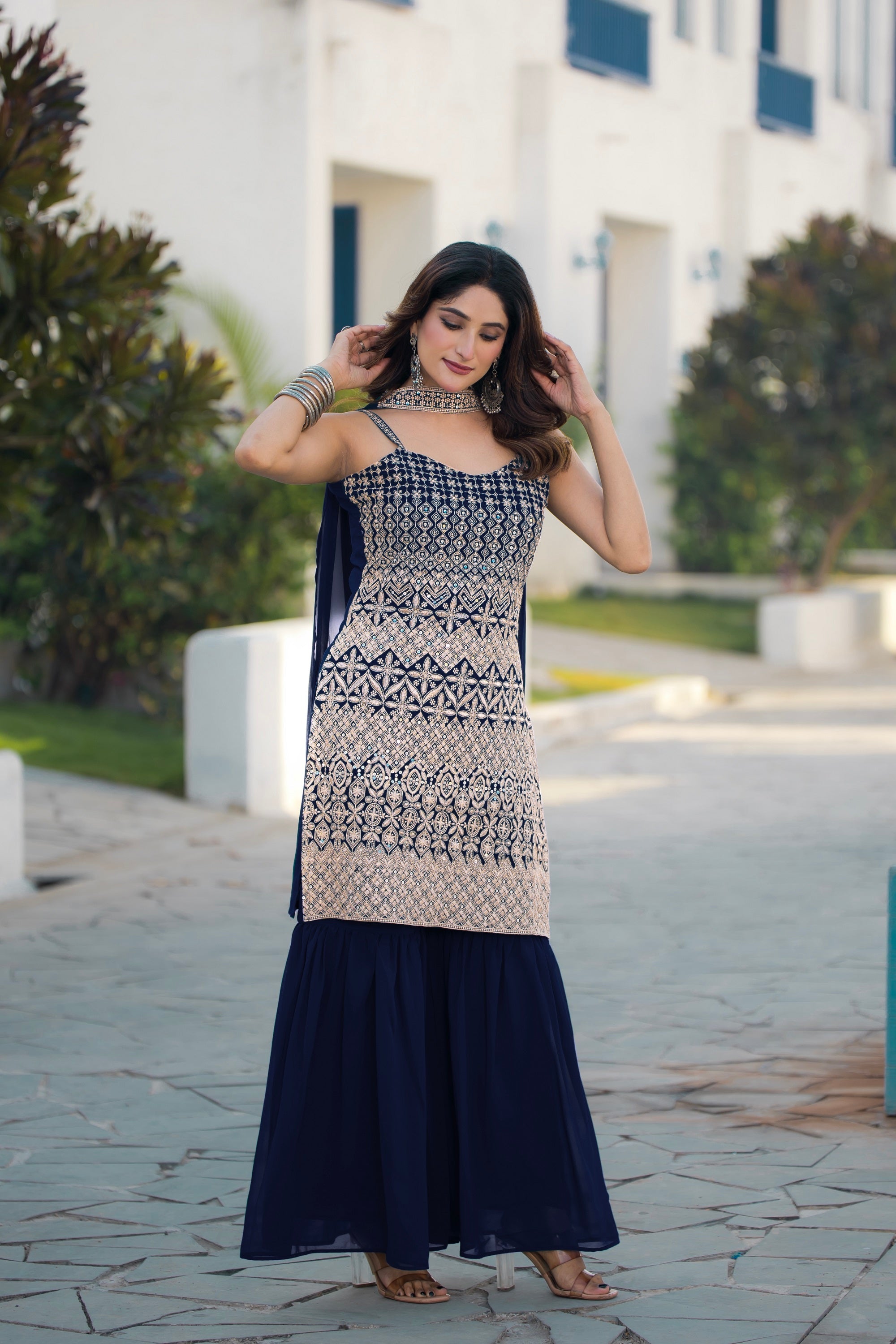 Teeya Creation Navy Blue Color Georgette Heavy Embroidery Work Pakistani Style Fully Stitched Salwar Suit