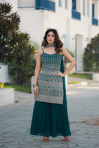 Teeya Creation Teal Color Georgette Heavy Embroidery Work Pakistani Style Fully Stitched Salwar Suit