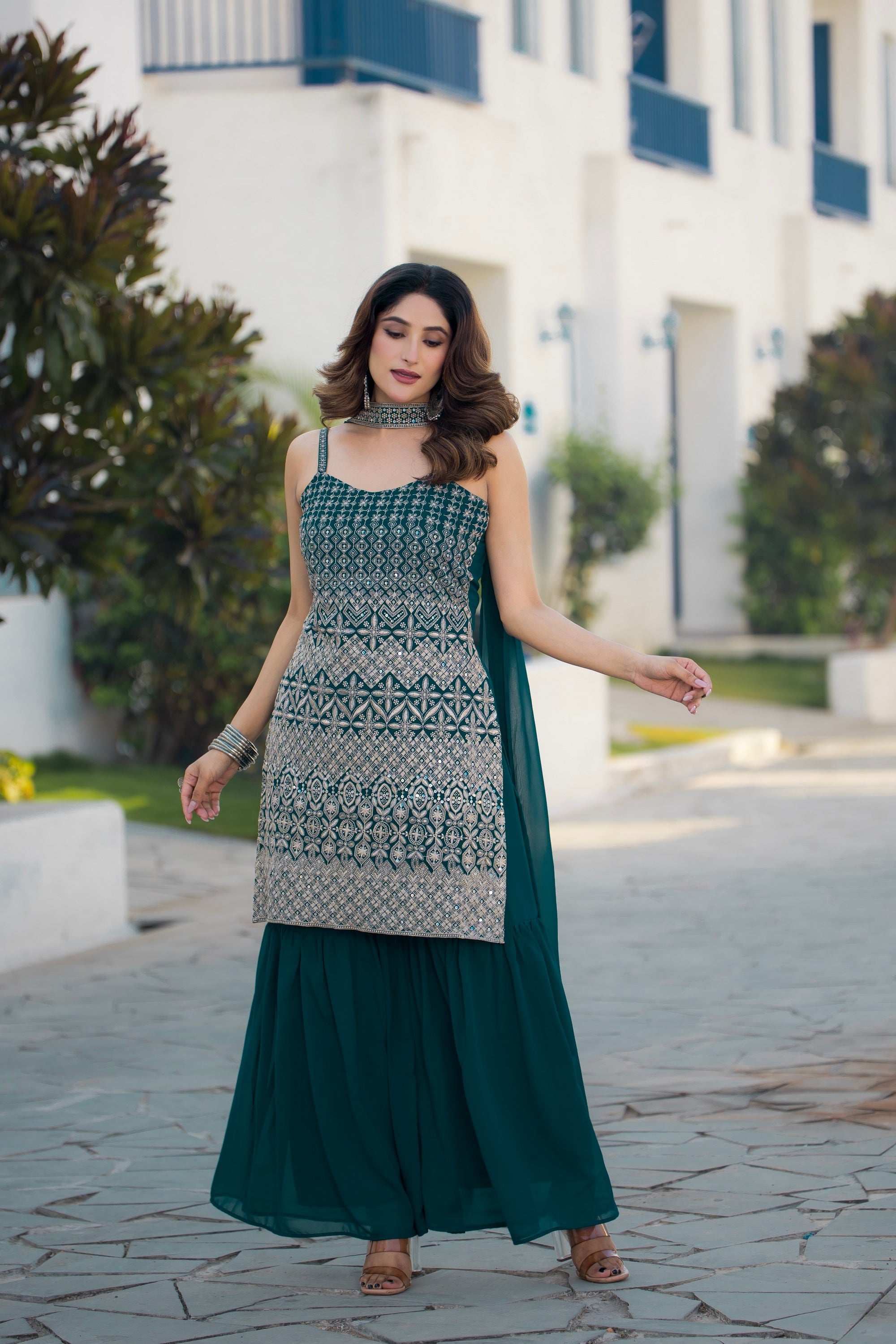 Teeya Creation Teal Color Georgette Heavy Embroidery Work Pakistani Style Fully Stitched Salwar Suit