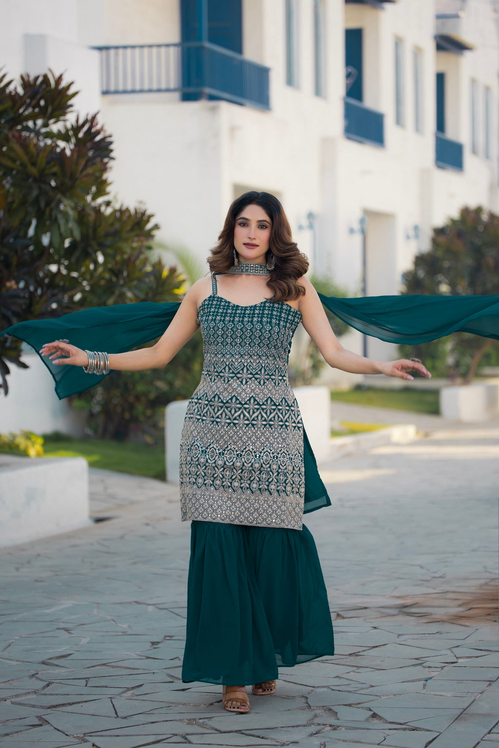 Teeya Creation Teal Color Georgette Heavy Embroidery Work Pakistani Style Fully Stitched Salwar Suit