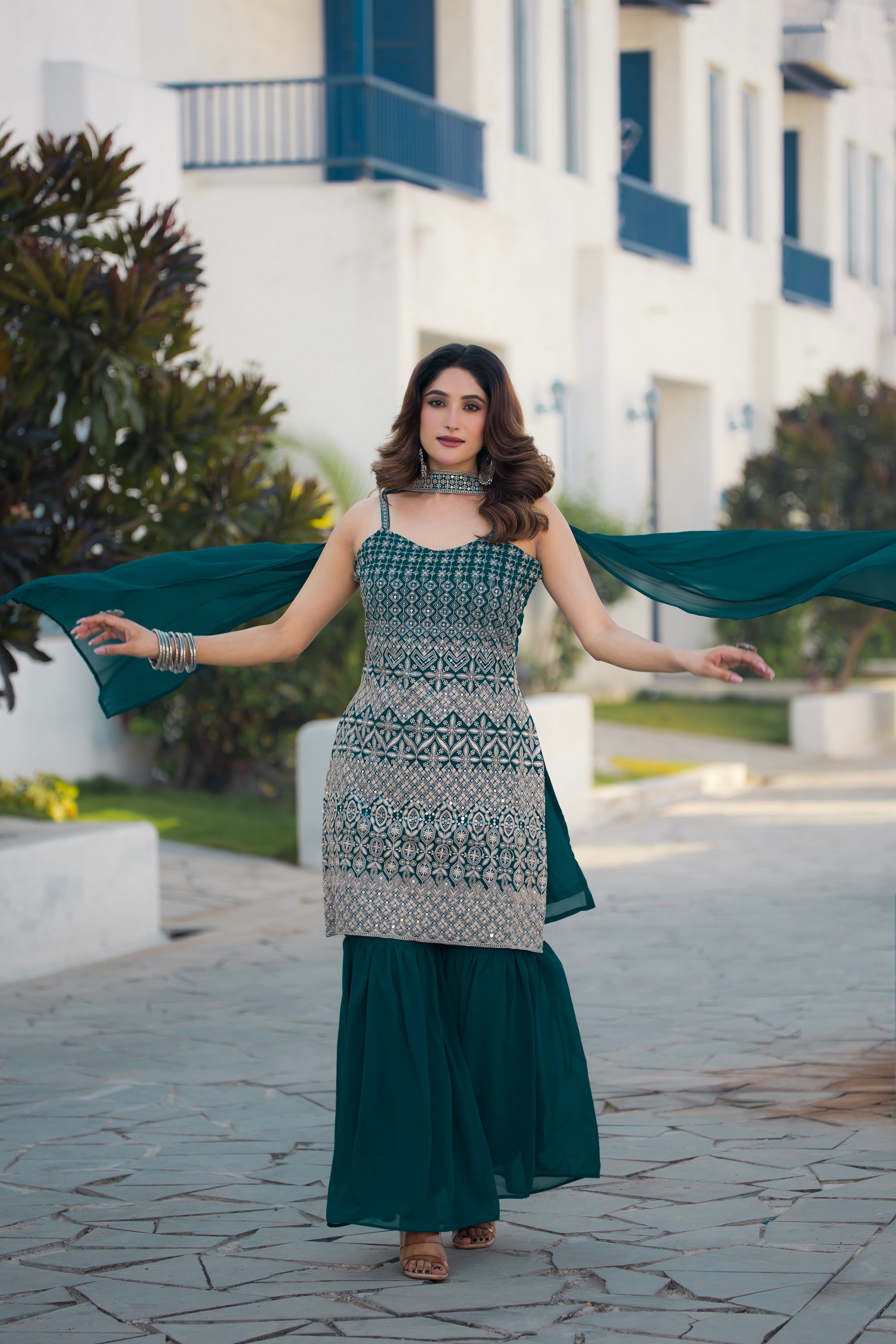 Teeya Creation Teal Color Georgette Heavy Embroidery Work Pakistani Style Fully Stitched Salwar Suit