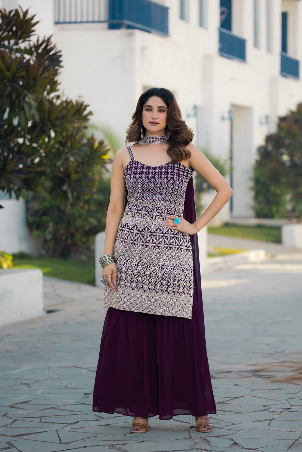 Teeya Creation Wine Color Georgette Heavy Embroidery Work Pakistani Style Fully Stitched Salwar Suit