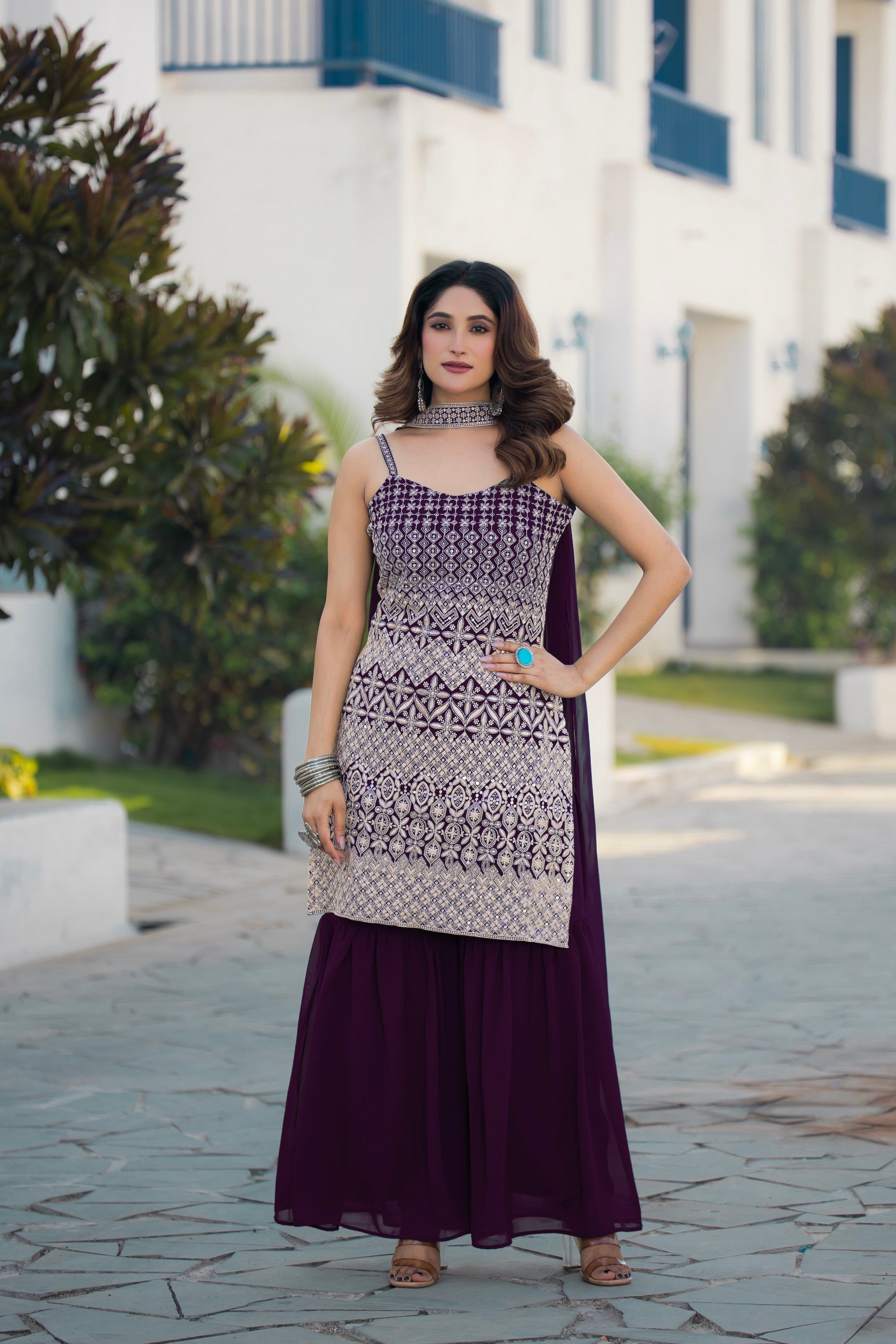 Teeya Creation Wine Color Georgette Heavy Embroidery Work Pakistani Style Fully Stitched Salwar Suit