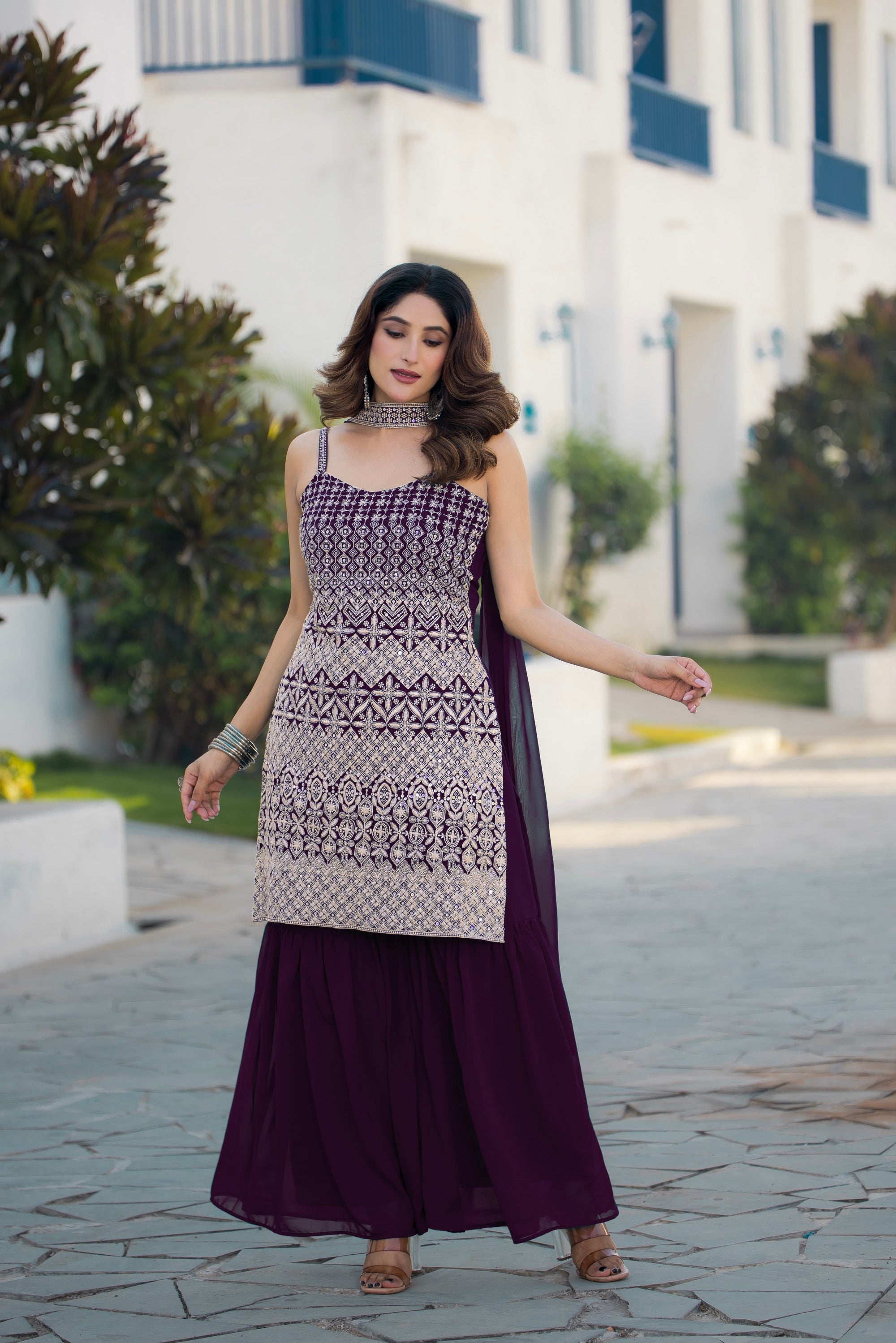 Teeya Creation Wine Color Georgette Heavy Embroidery Work Pakistani Style Fully Stitched Salwar Suit