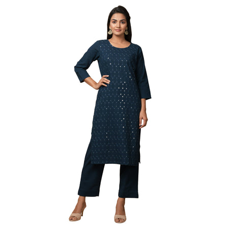 Kaajh Women's Blue Solid Sequin Embellishment Kurta