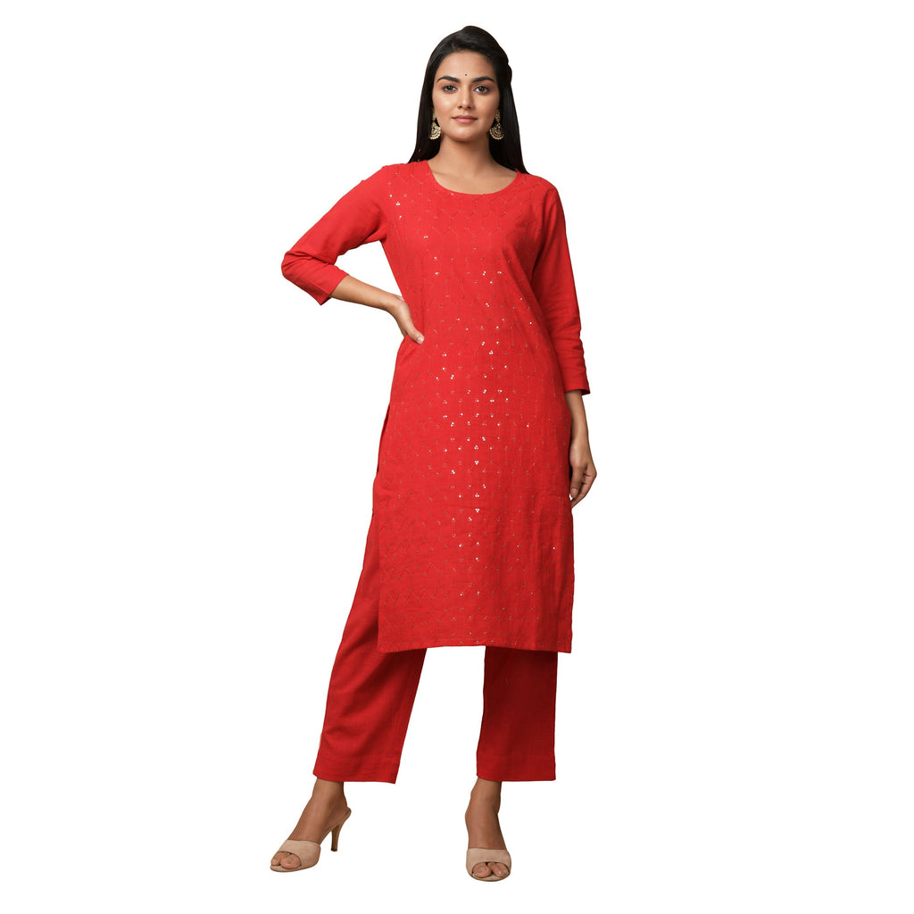 Kaajh Women's Red Solid Sequin Embellishment Kurta - Distacart