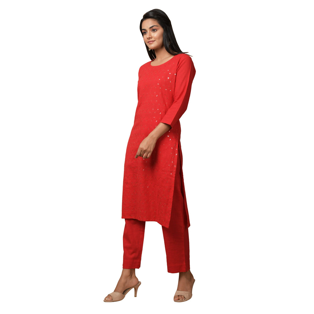 Kaajh Women's Red Solid Sequin Embellishment Kurta - Distacart